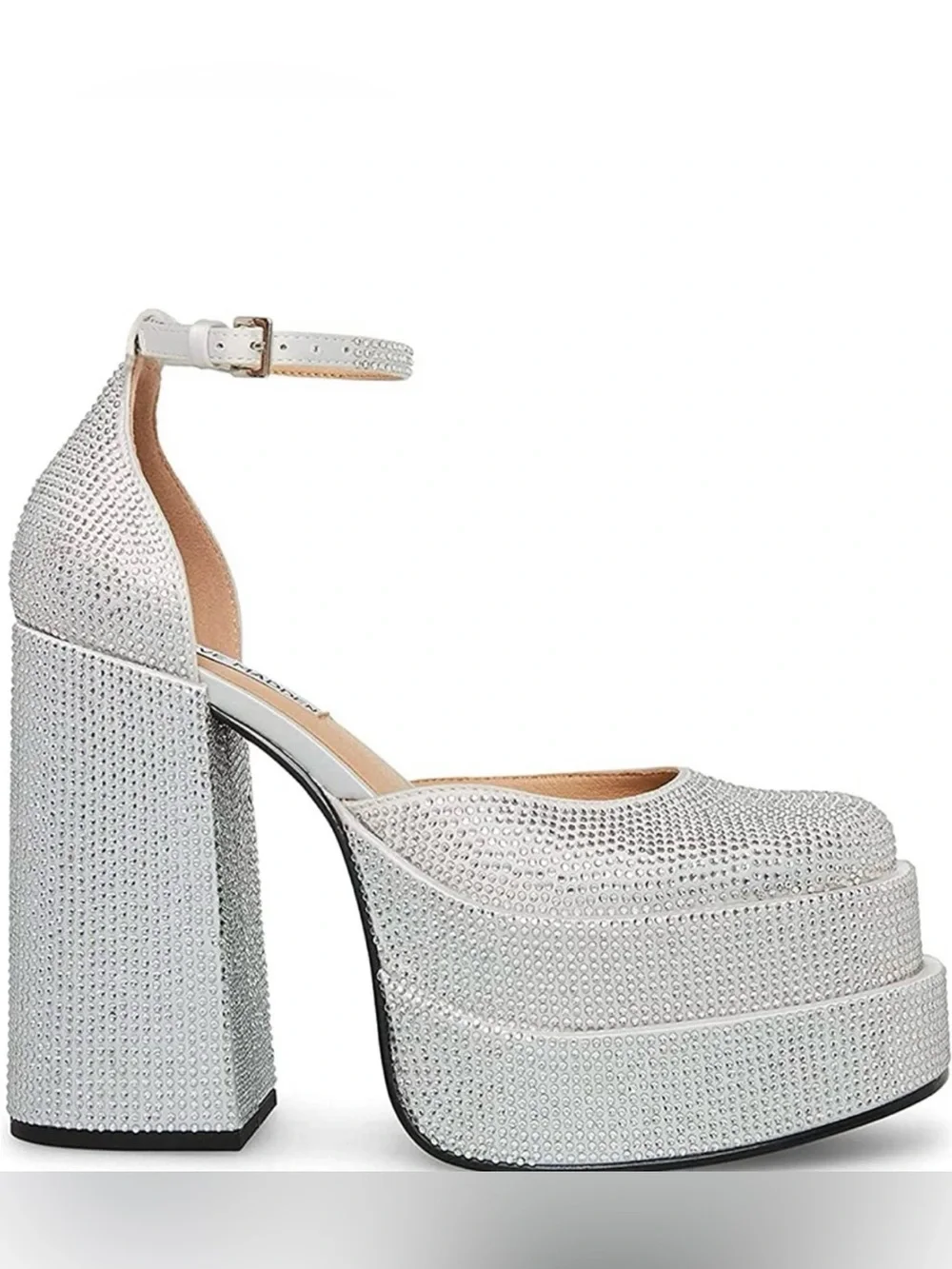 Steve Madden Silver Crystal Embellished Platform Heels with Ankle Strap